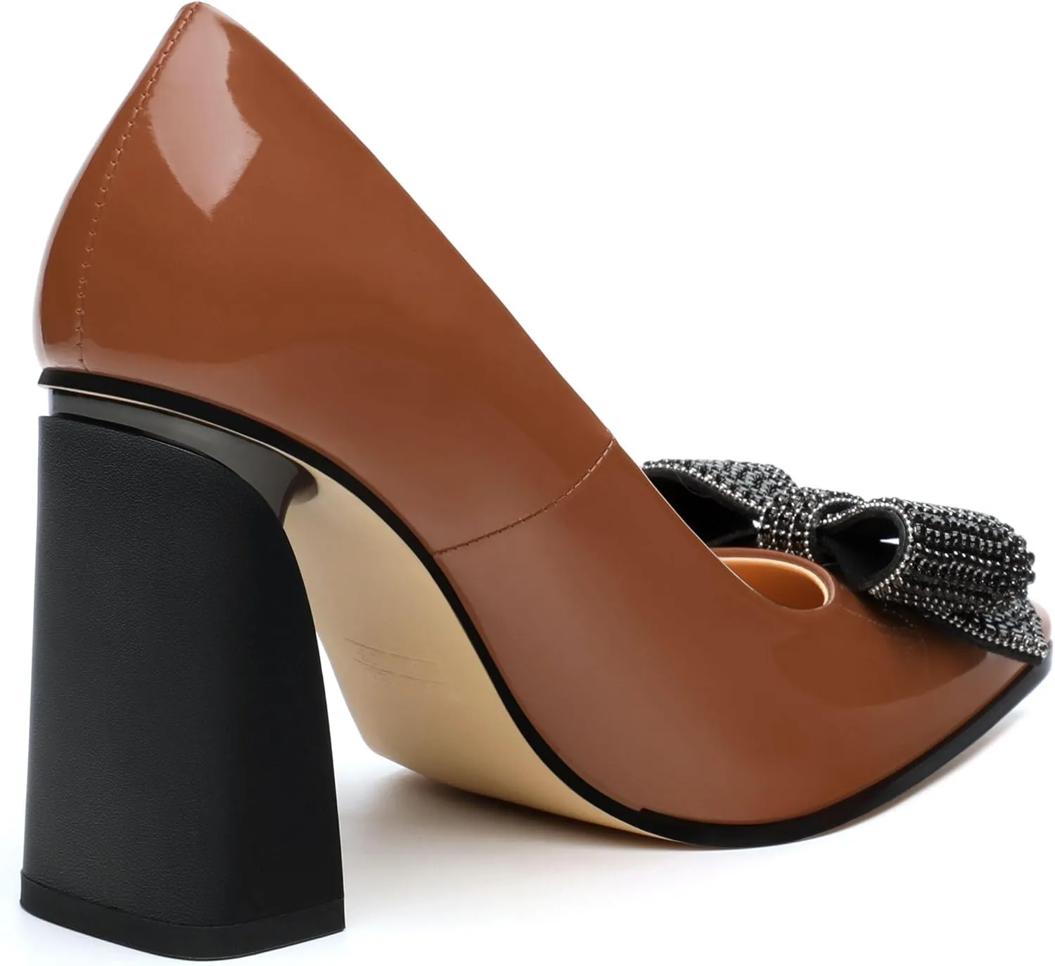 Womens Chunky Block High Heels Patent Closed Pointed Toe Bow Pumps Slip on Heels Wedding Party Dress Shoes 3.5IN