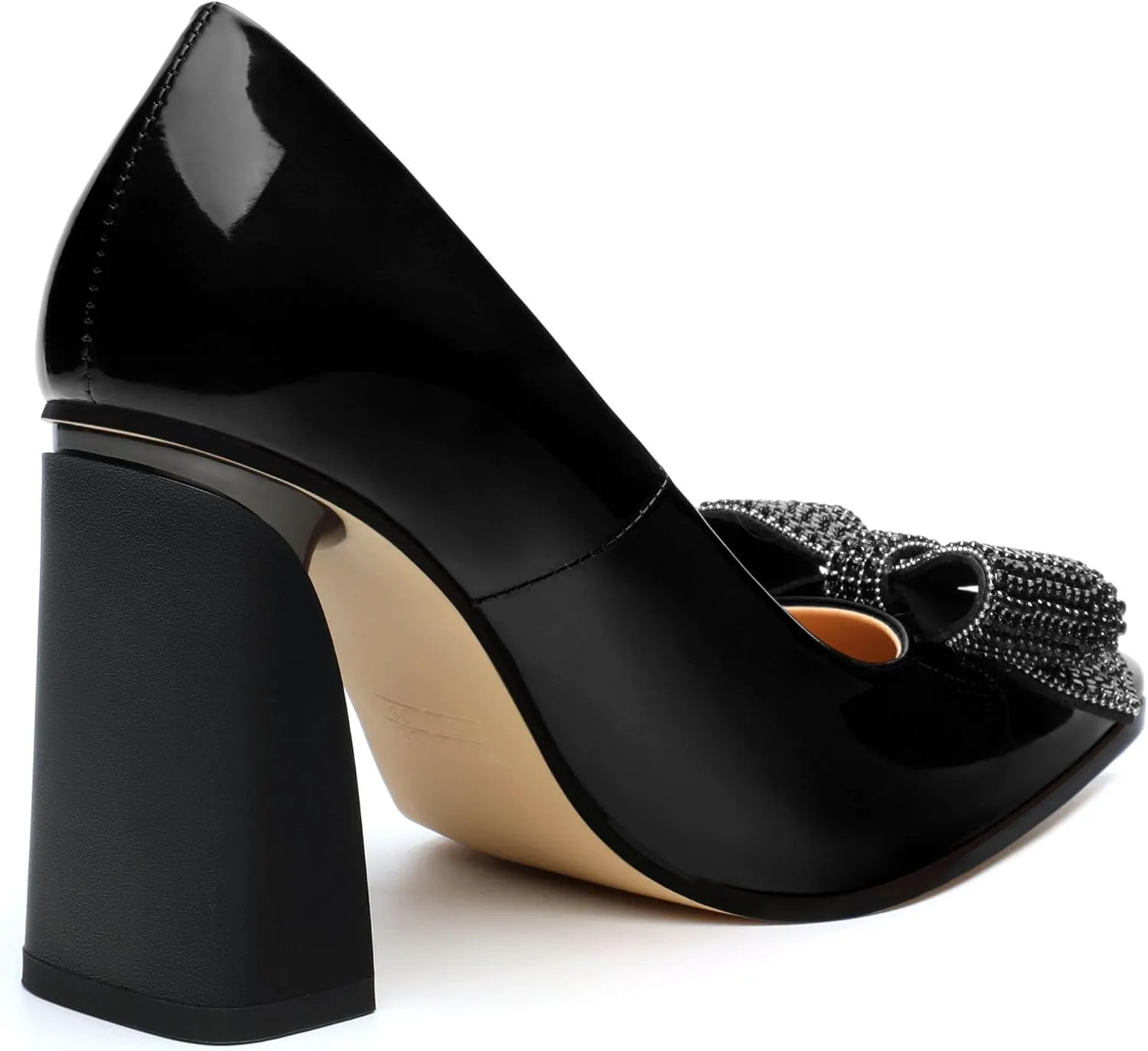 Womens Chunky Block High Heels Patent Closed Pointed Toe Bow Pumps Slip on Heels Wedding Party Dress Shoes 3.5IN