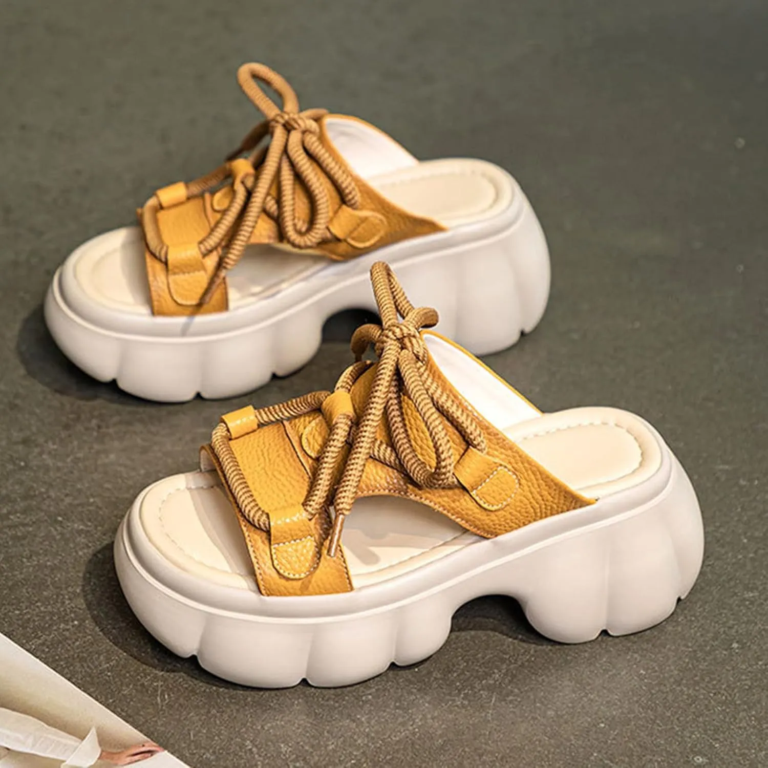 Women's Chunky Platform Genuine Leather Sandals Round Toe Lace-Up Chunky Heel Comfortable Slip-On Open-Toe Walking Slippers Summer Soft-Soled Non-Slip Sports Sandals