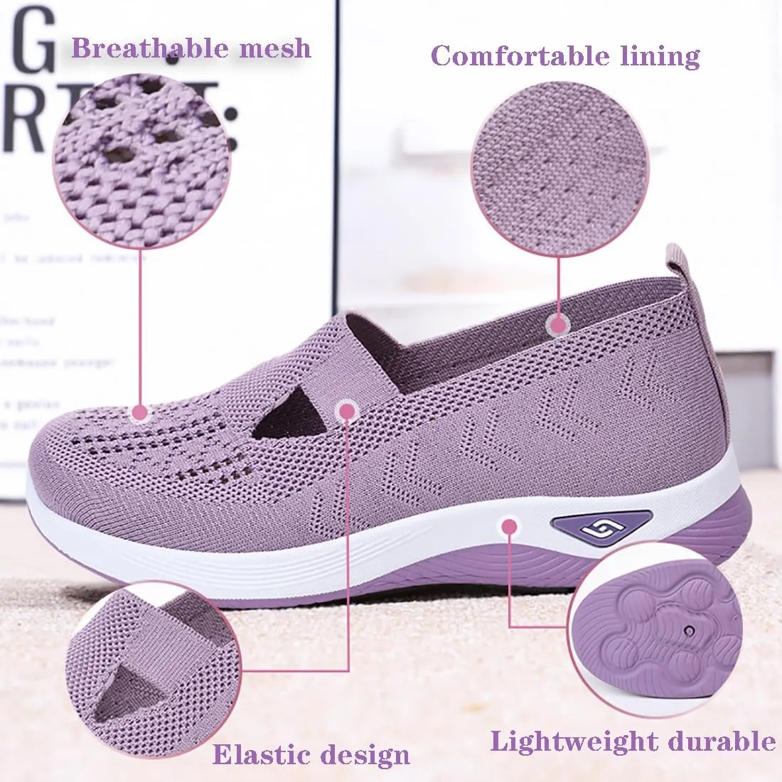 Women's Comfortable Breathable Knitted Sneakers, Orthopedic Shoes with Arch Support Light Slip on Flat Casual Shoes
