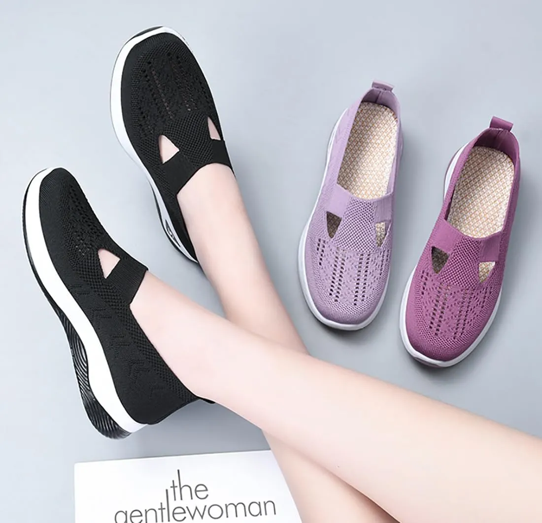 Women's Comfortable Breathable Knitted Sneakers, Orthopedic Shoes with Arch Support Light Slip on Flat Casual Shoes