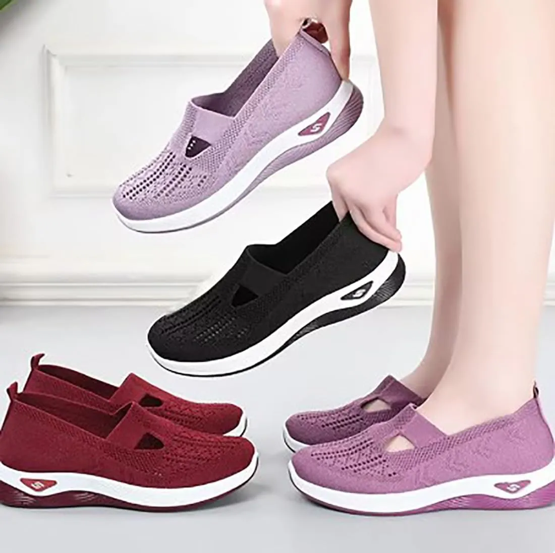 Women's Comfortable Breathable Knitted Sneakers, Orthopedic Shoes with Arch Support Light Slip on Flat Casual Shoes