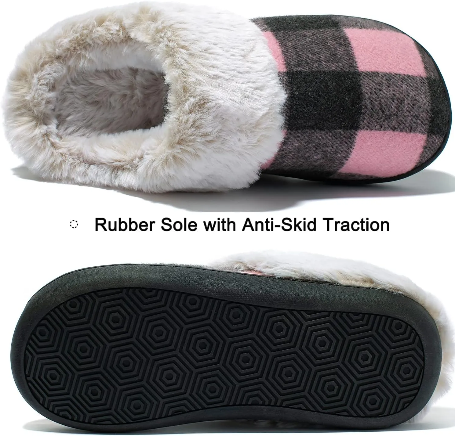 Womens Cozy Fuzzy Plaid House Slippers Memory Foam Slip on Indoor Outdoor