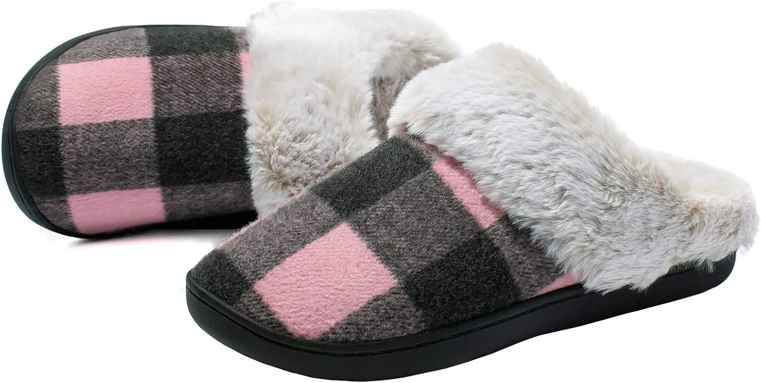 Womens Cozy Fuzzy Plaid House Slippers Memory Foam Slip on Indoor Outdoor