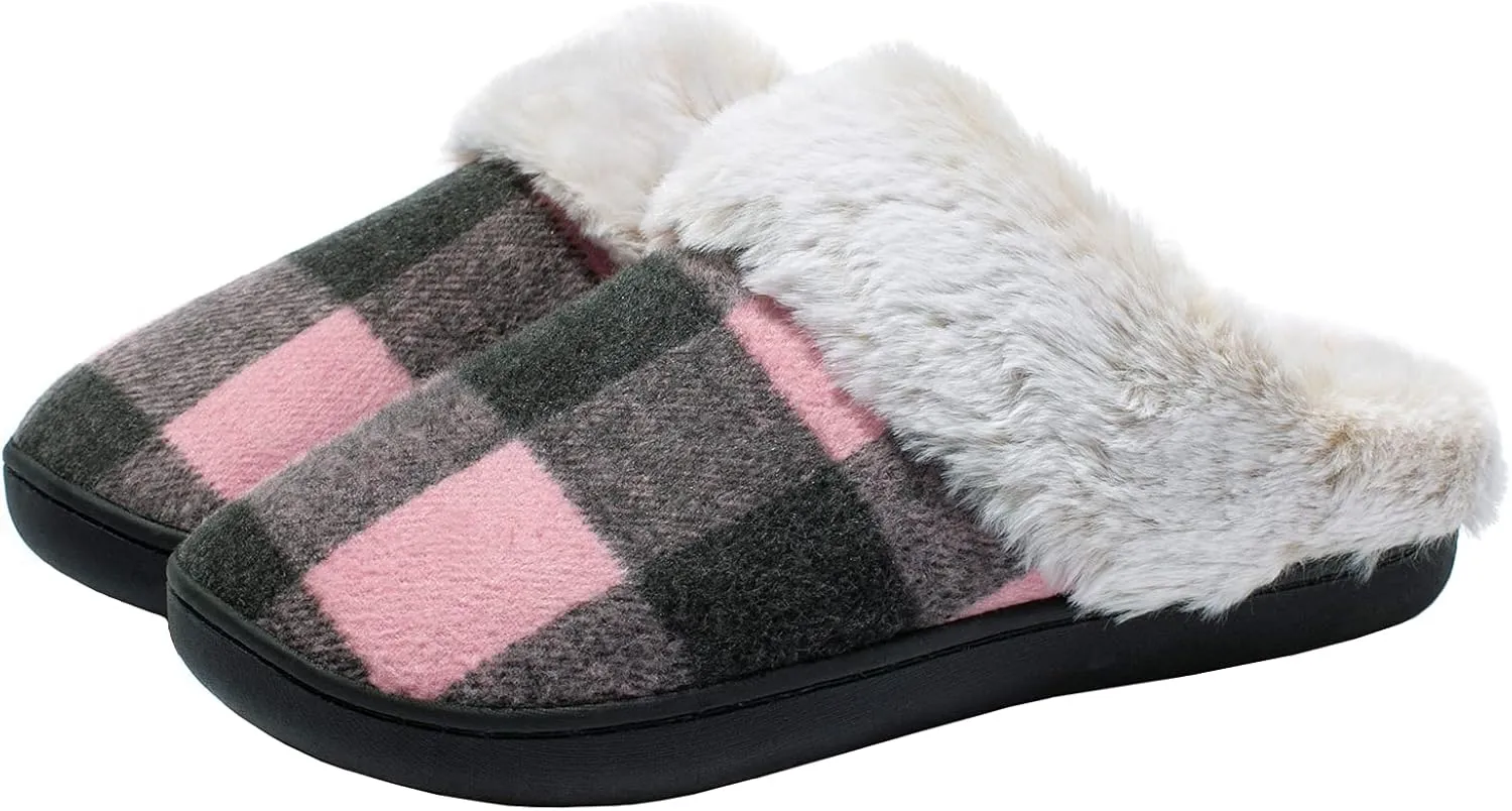 Womens Cozy Fuzzy Plaid House Slippers Memory Foam Slip on Indoor Outdoor