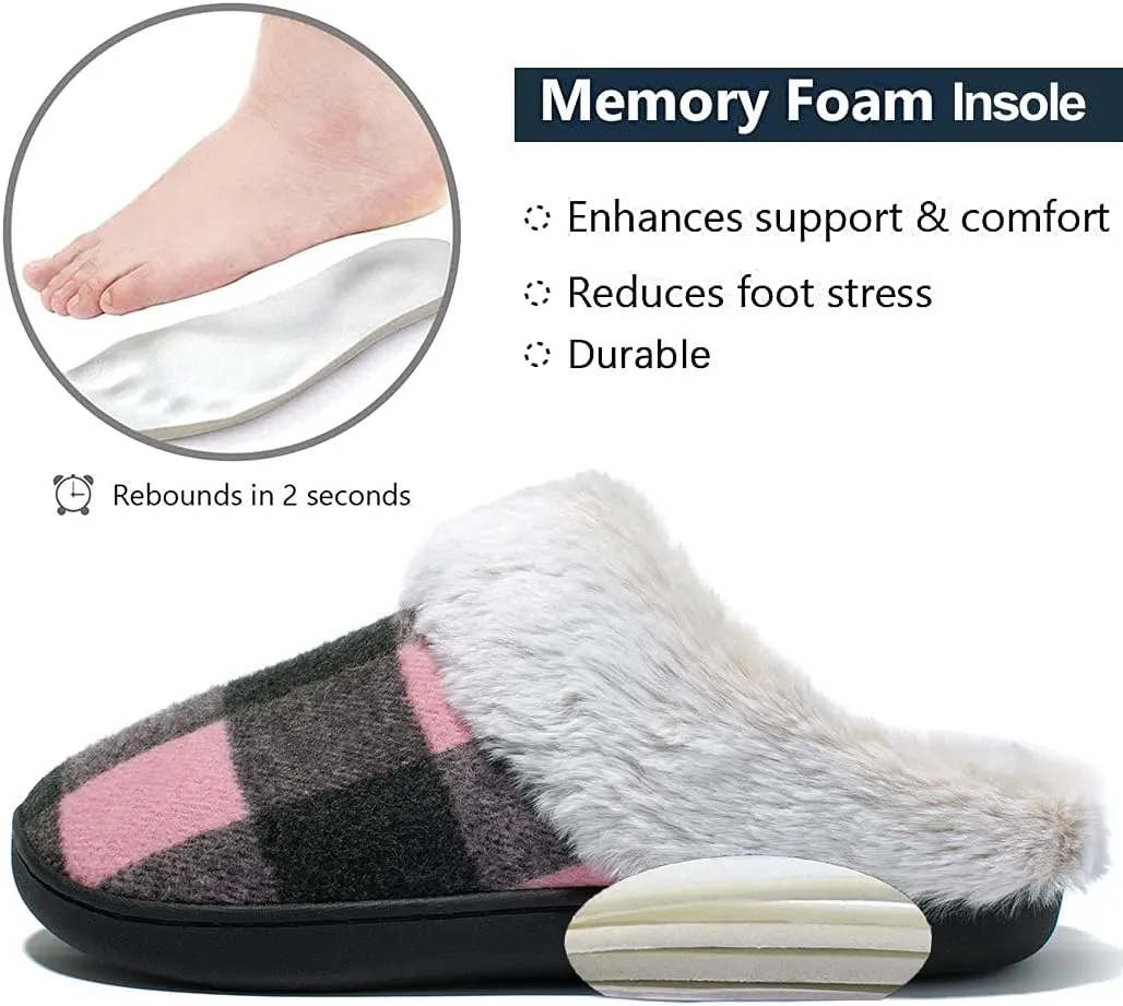 Womens Cozy Fuzzy Plaid House Slippers Memory Foam Slip on Indoor Outdoor