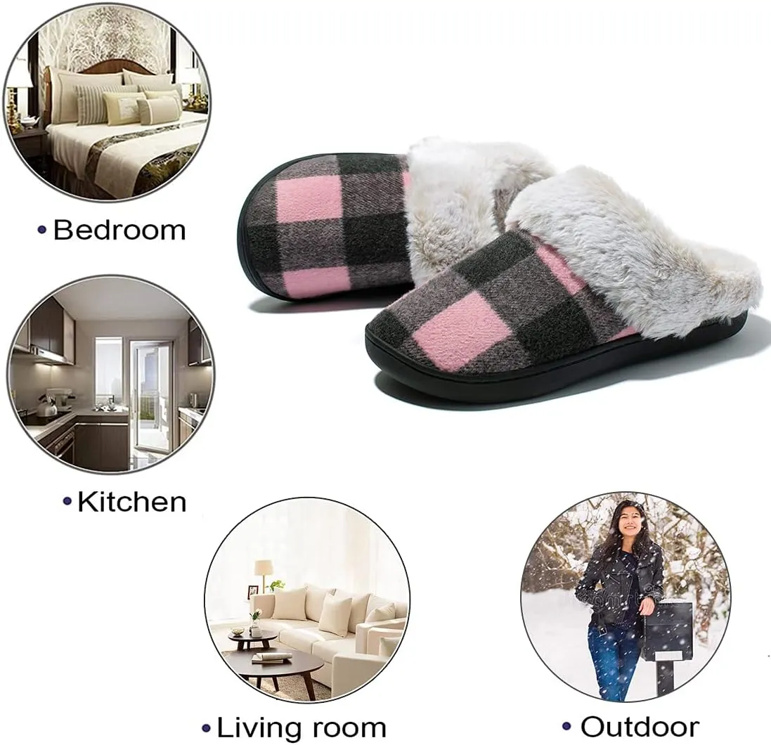 Womens Cozy Fuzzy Plaid House Slippers Memory Foam Slip on Indoor Outdoor