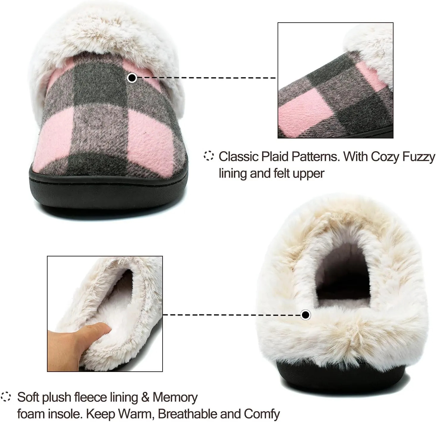 Womens Cozy Fuzzy Plaid House Slippers Memory Foam Slip on Indoor Outdoor