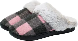 Womens Cozy Fuzzy Plaid House Slippers Memory Foam Slip on Indoor Outdoor