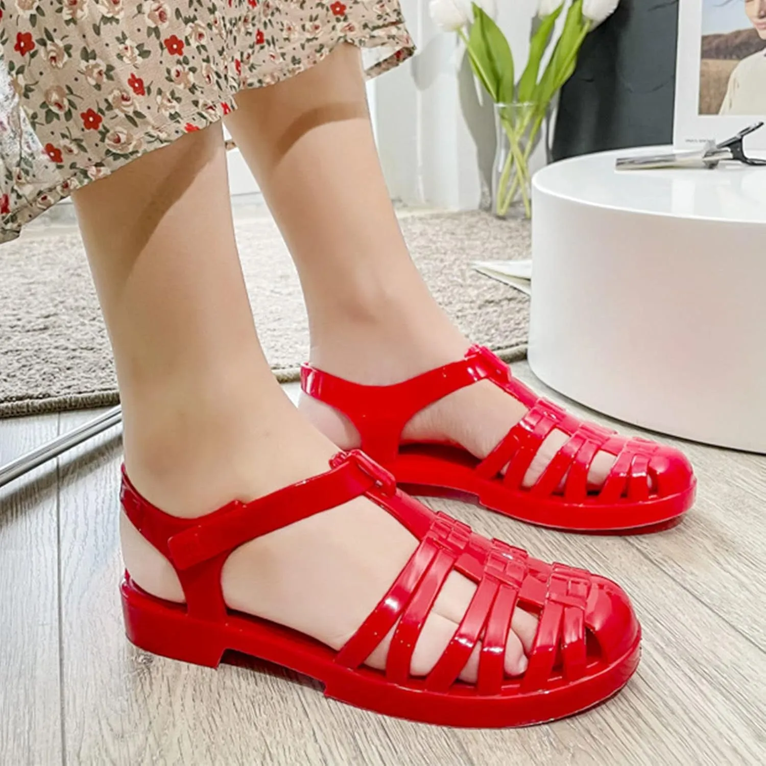 Women's Crystal Jelly Low Heel Sandals,Summer New Closed Toe Slingback Ankle Strap Sheer Soft Fisherman Beach Shoes