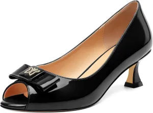Womens Dress Peep Toe Patent Open Toe Slip On Dating ，Patent Slip On Bow Round Toe Bow Decorated Kitten Low Heel Pumps Shoes 2 Inch