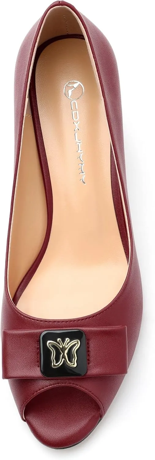 Womens Dress Peep Toe Patent Open Toe Slip On Dating ，Patent Slip On Bow Round Toe Bow Decorated Kitten Low Heel Pumps Shoes 2 Inch