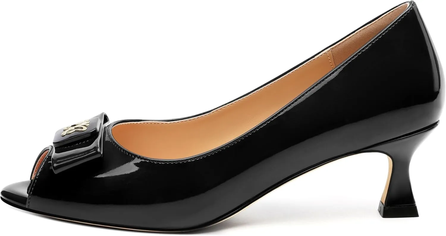 Womens Dress Peep Toe Patent Open Toe Slip On Dating ，Patent Slip On Bow Round Toe Bow Decorated Kitten Low Heel Pumps Shoes 2 Inch
