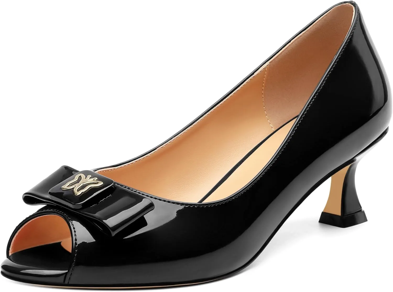 Womens Dress Peep Toe Patent Open Toe Slip On Dating ，Patent Slip On Bow Round Toe Bow Decorated Kitten Low Heel Pumps Shoes 2 Inch