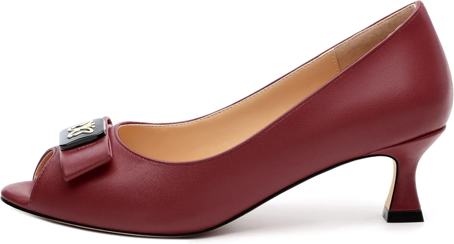 Womens Dress Peep Toe Patent Open Toe Slip On Dating ，Patent Slip On Bow Round Toe Bow Decorated Kitten Low Heel Pumps Shoes 2 Inch