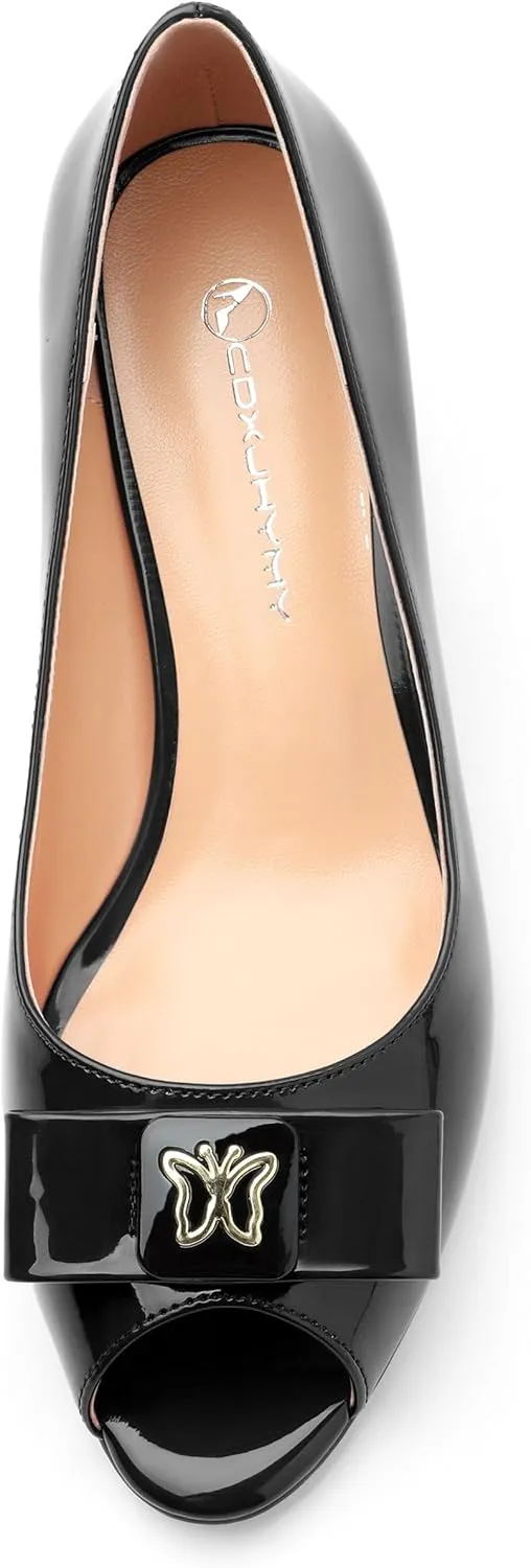 Womens Dress Peep Toe Patent Open Toe Slip On Dating ，Patent Slip On Bow Round Toe Bow Decorated Kitten Low Heel Pumps Shoes 2 Inch