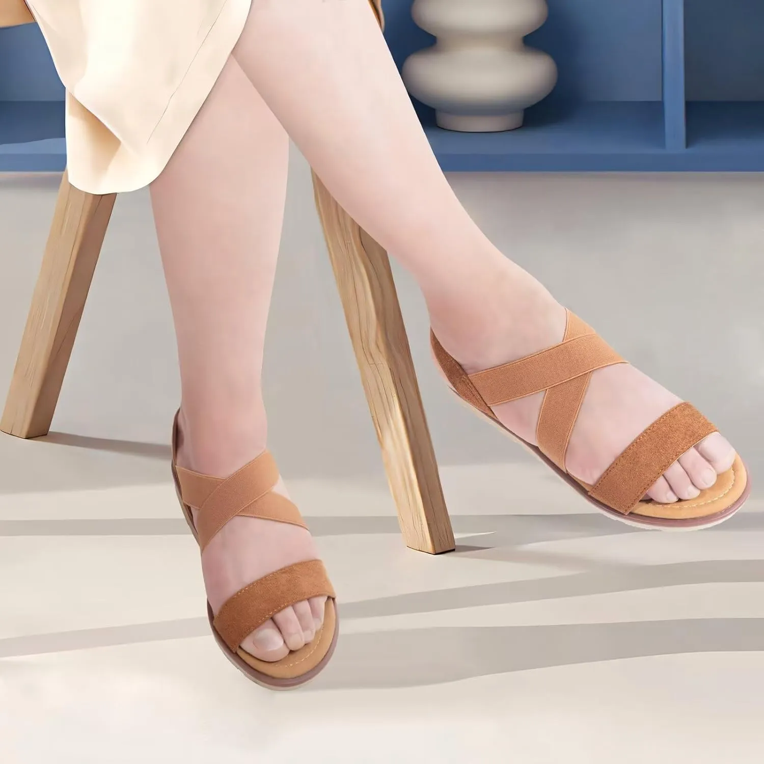 Women's Elastic Flat Sandals - Comfort Open Toe Elastic ankle strap Slip on Casual Walking Summer Shoes