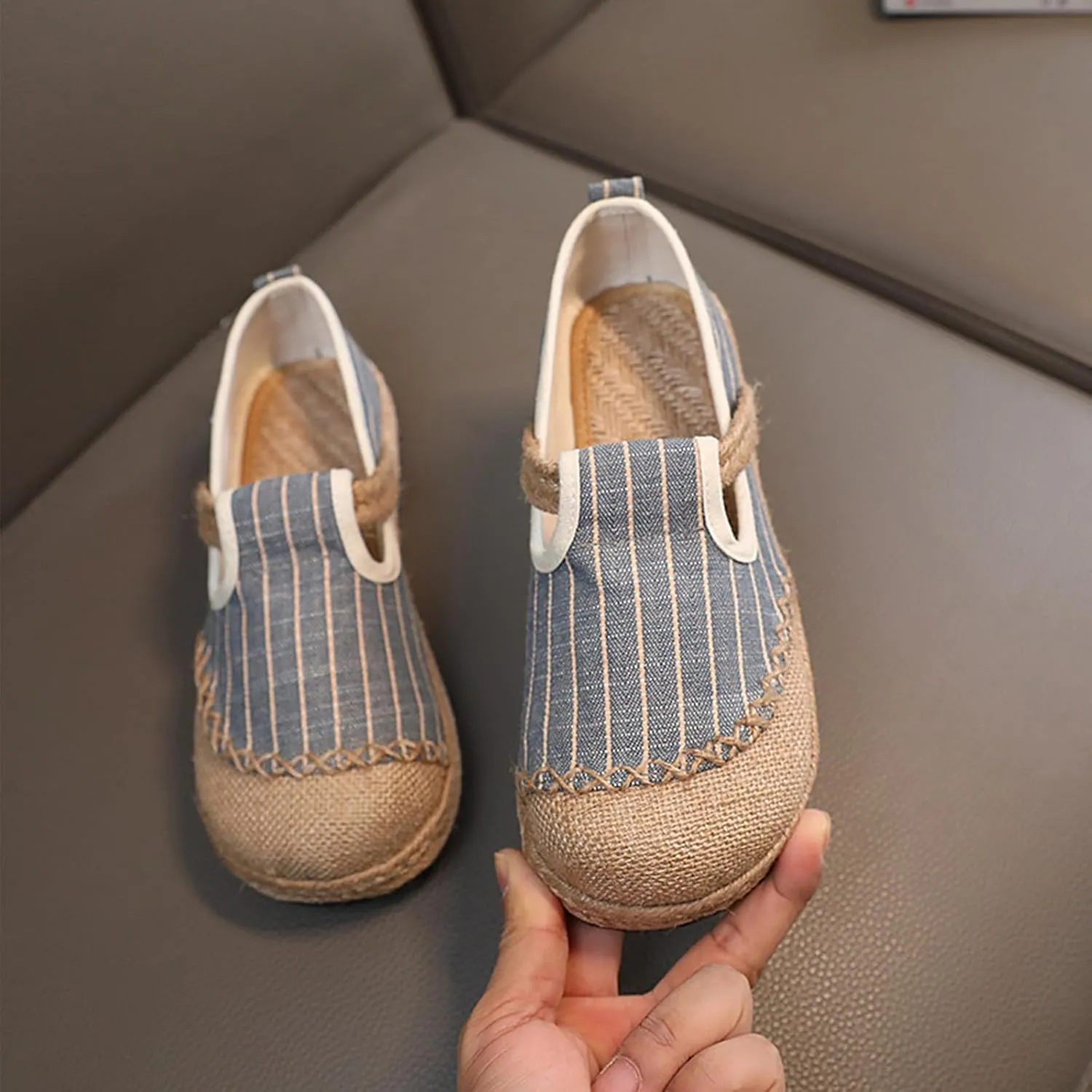 Women's Fashion Slip On Striped Linen Shoes, Breathable Sweet Flat Heel Casual Footwear, Chinese Traditional Retro Soft Flat Shoes,8.5,Grey