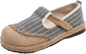Women's Fashion Slip On Striped Linen Shoes, Breathable Sweet Flat Heel Casual Footwear, Chinese Traditional Retro Soft Flat Shoes,8.5,Grey