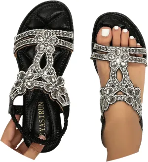 Women's Flat Sandals Summer Beach Sandal Bohemia Shoes T-Strap Rhinestone Beaded Fashion Floral Shoe Sparkle Slides