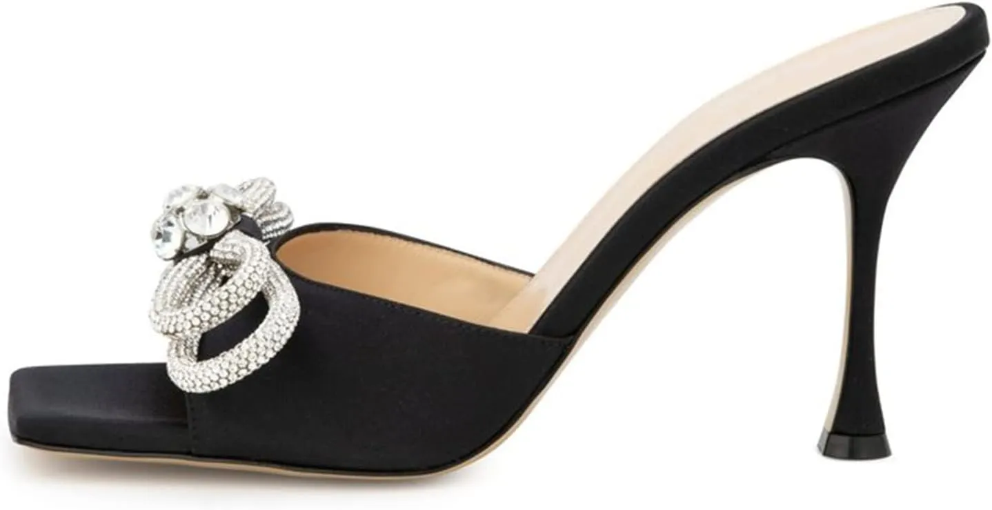 Women's Heeled Sandals Double Rhinestones Bow Satin Mules Square Open Toe Slip on Stilettos Clear Heels Wedding Party Dress Shoes