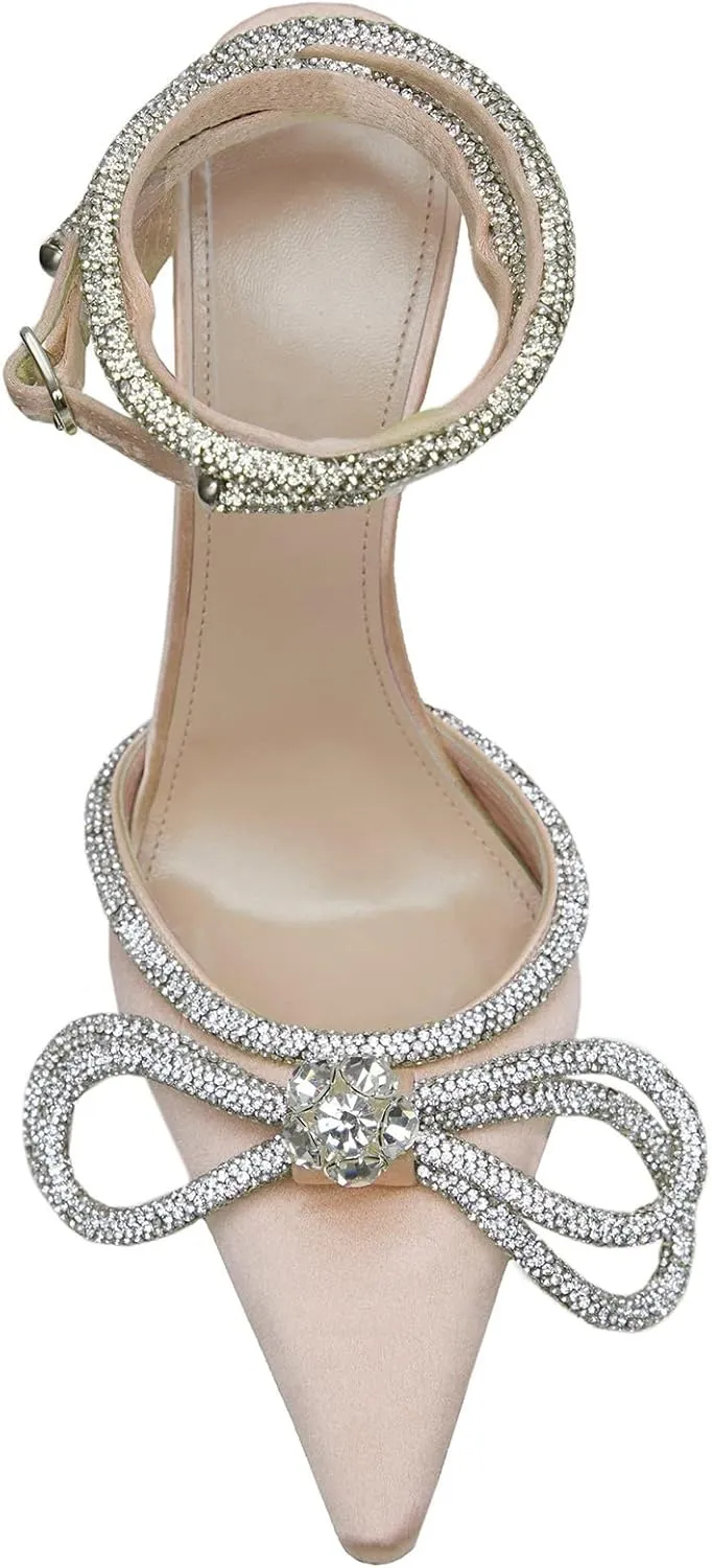 Women's Heeled Sandals Pointed Toe Crystal Heart Glitter Pumps Rhinestones Embellished Ankle Strap Slip-On Stilettos Wedding Party Dress Shoes