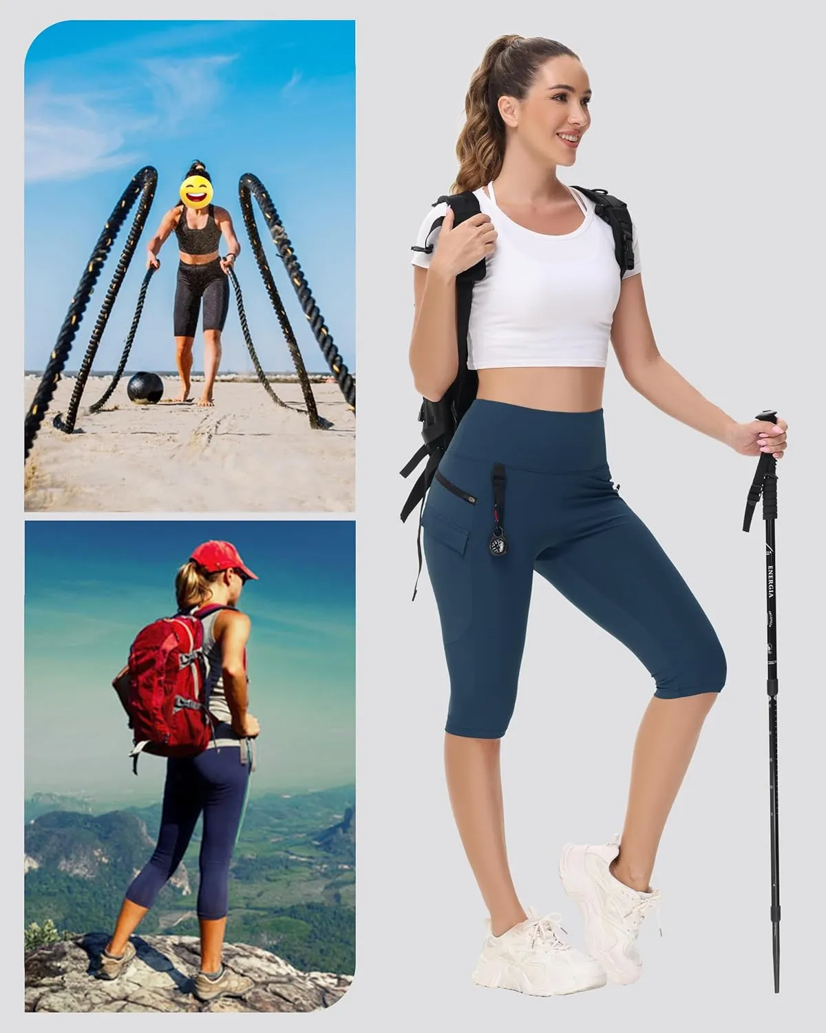 Women's Hiking Long Shorts Knee Length Capri Leggings with Zip Pockets High Waisted Biker Short Athletic Outdoor Travel