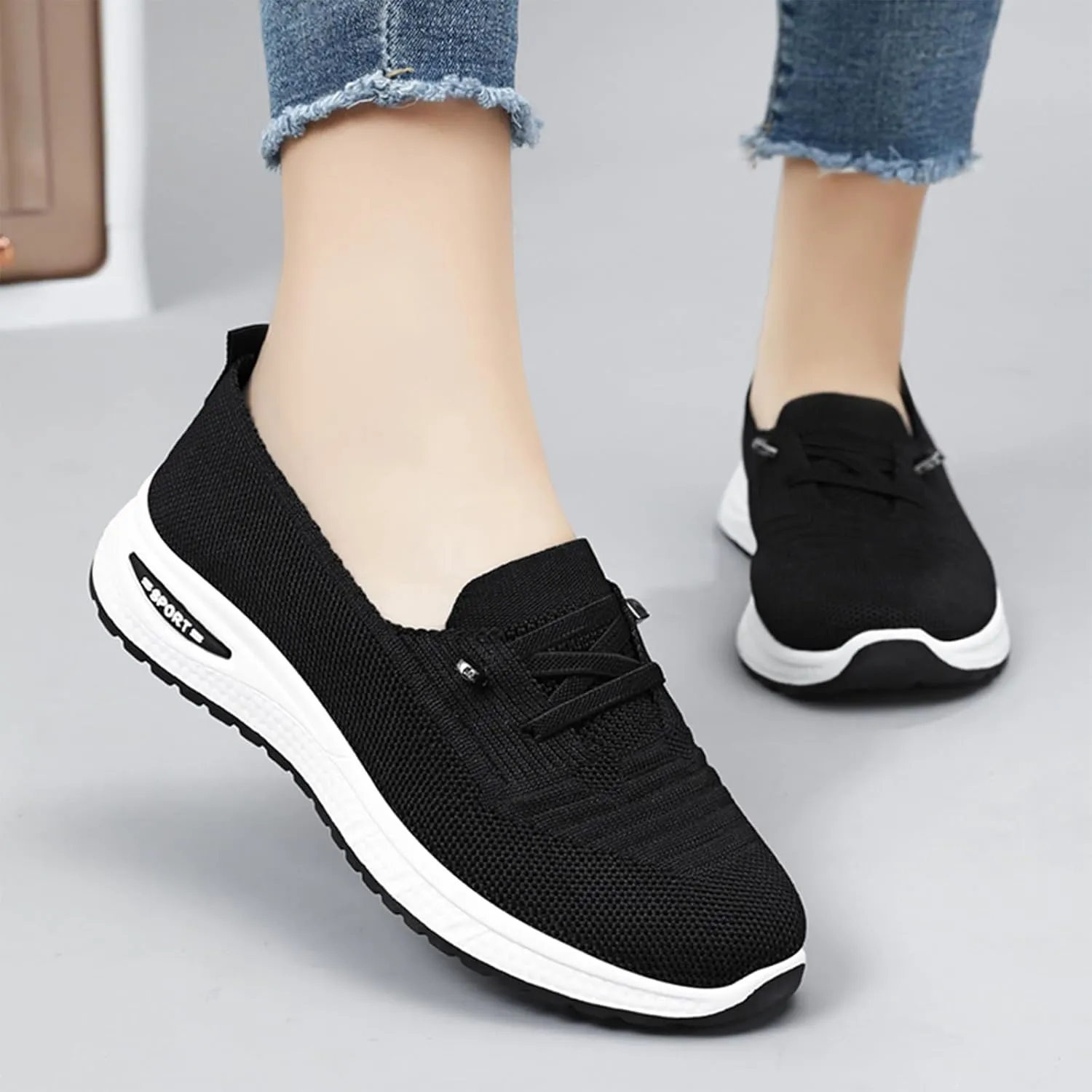 Women's Knitted Mesh Slip On Loafers Lightweight Breathable Orthopedic Soft Sole Flat Sneakers Casual Non-Slip Driving Walking Shoes