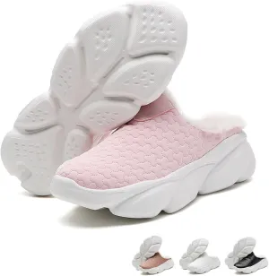 Women's Leather Comfortable Fuzzy Platform Clogs Fashion Round Toe Non Slip Slip On Wedge Soft Sole Mules Casual Indoor Outdoor Walking Closed Toe Plush Lining Slippers
