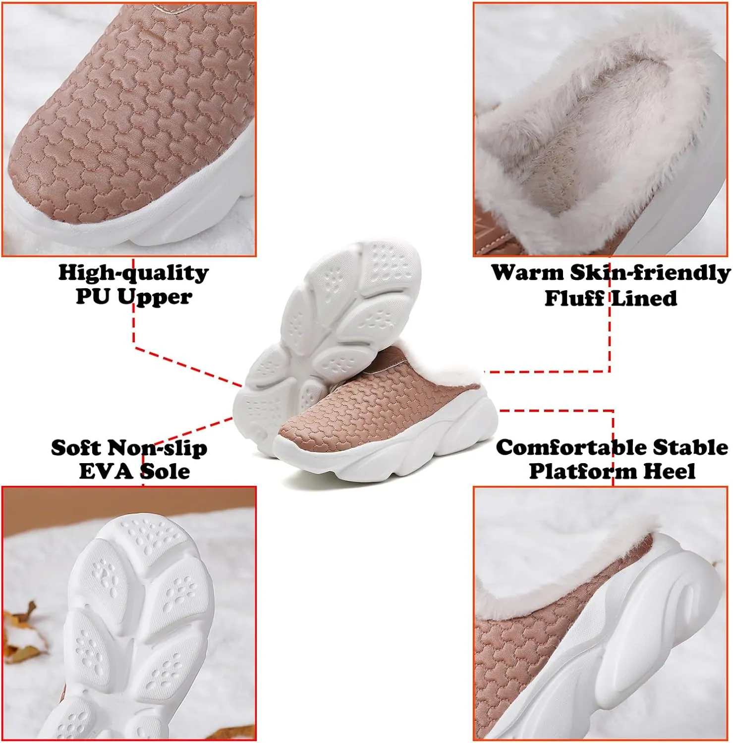 Women's Leather Comfortable Fuzzy Platform Clogs Fashion Round Toe Non Slip Slip On Wedge Soft Sole Mules Casual Indoor Outdoor Walking Closed Toe Plush Lining Slippers