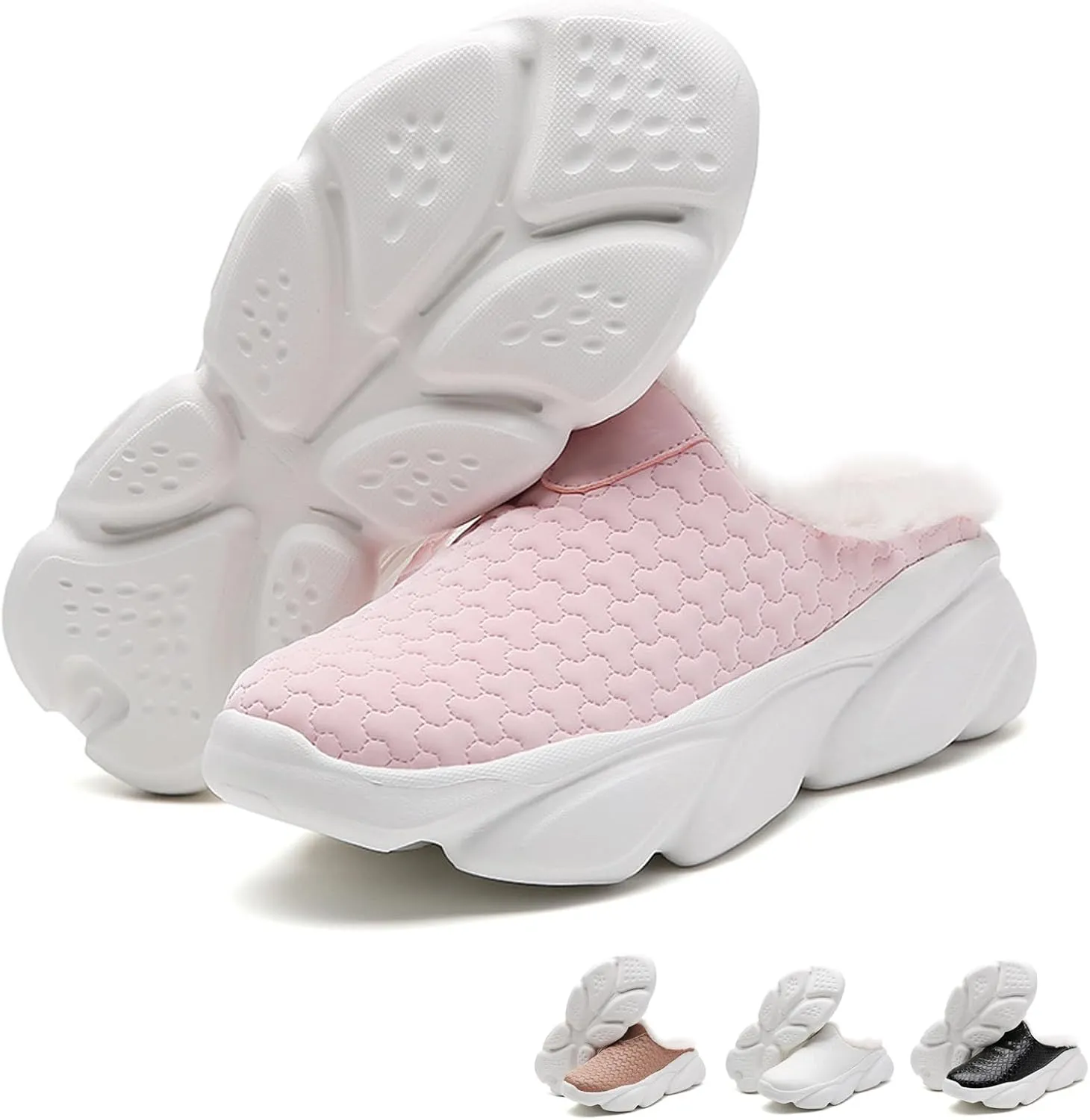 Women's Leather Comfortable Fuzzy Platform Clogs Fashion Round Toe Non Slip Slip On Wedge Soft Sole Mules Casual Indoor Outdoor Walking Closed Toe Plush Lining Slippers