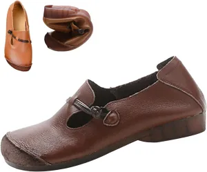 Women's Leather Slip On Flats Dress Shoes,Vintage Lightweight Comfort Non-Slip Oxford Soft Sole Frog Casual Loafers