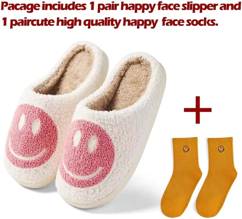 Women's Men's Retro Face Slippers Comfy Warm Plush Slip-On House Slipper for Winter Indoor Soft Cushion Non-slip Fluffy Slides Slippers
