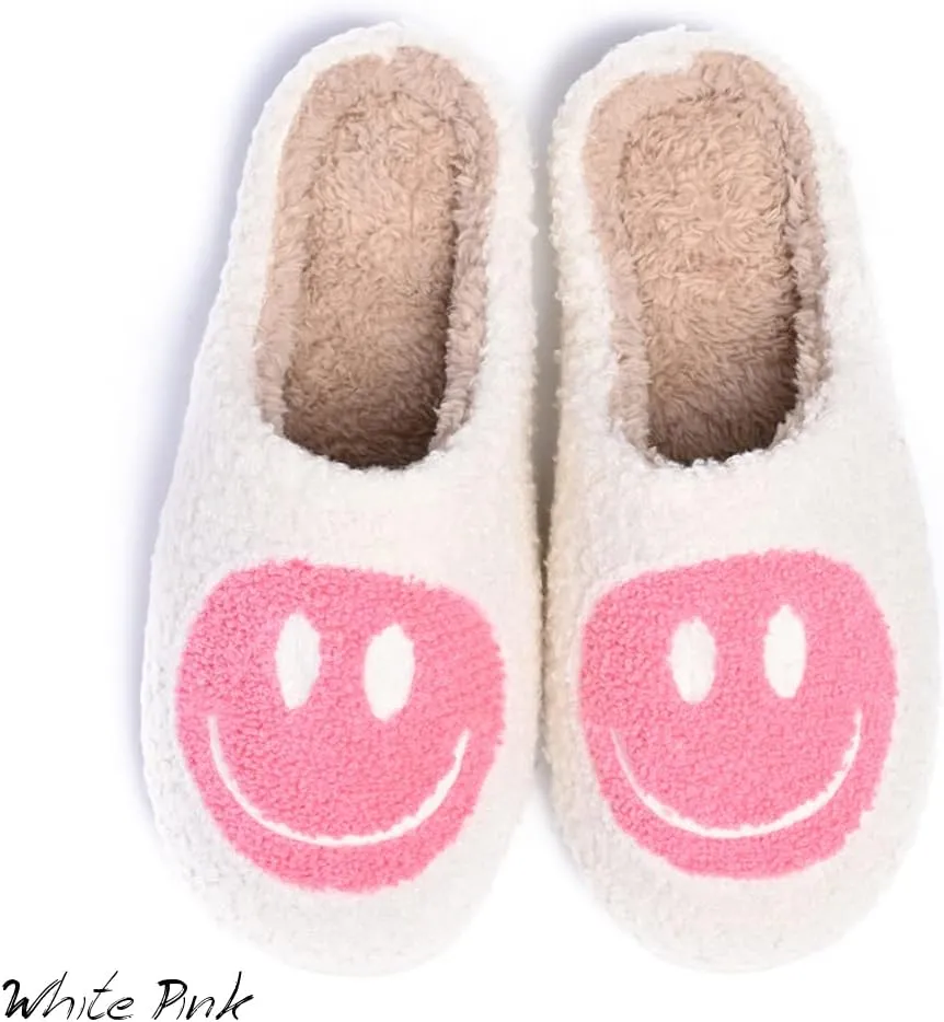 Women's Men's Retro Preppy Happy Face Slippers Comfy Warm Plush Slip-On House Slipper for Winter Indoor Soft Cushion Non-slip Fluffy Slides Slippers