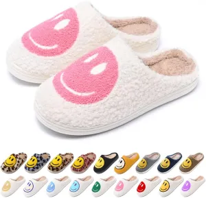 Women's Men's Retro Preppy Happy Face Slippers Comfy Warm Plush Slip-On House Slipper for Winter Indoor Soft Cushion Non-slip Fluffy Slides Slippers