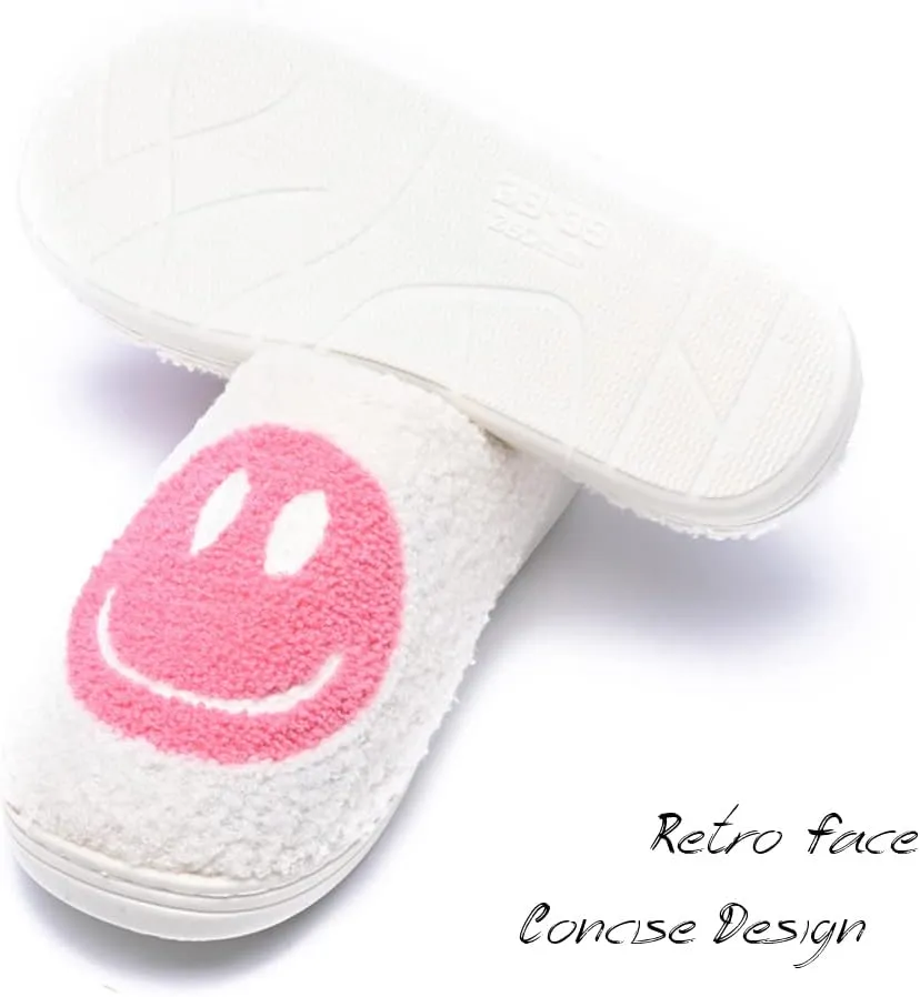 Women's Men's Retro Preppy Happy Face Slippers Comfy Warm Plush Slip-On House Slipper for Winter Indoor Soft Cushion Non-slip Fluffy Slides Slippers