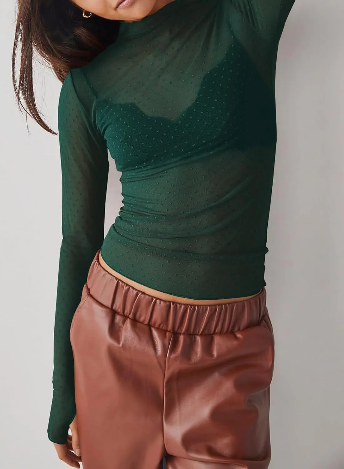 Womens Mesh Sheer Lace Laying Top Mock Neck Long Sleeve Polka Dot See Through Shirt Blouses Tops