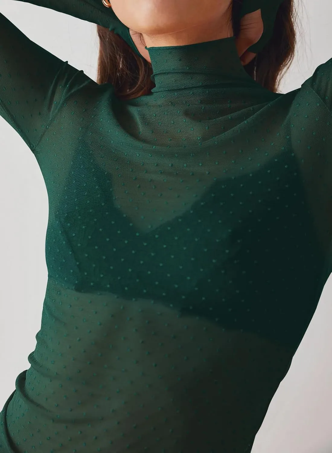 Womens Mesh Sheer Lace Laying Top Mock Neck Long Sleeve Polka Dot See Through Shirt Blouses Tops