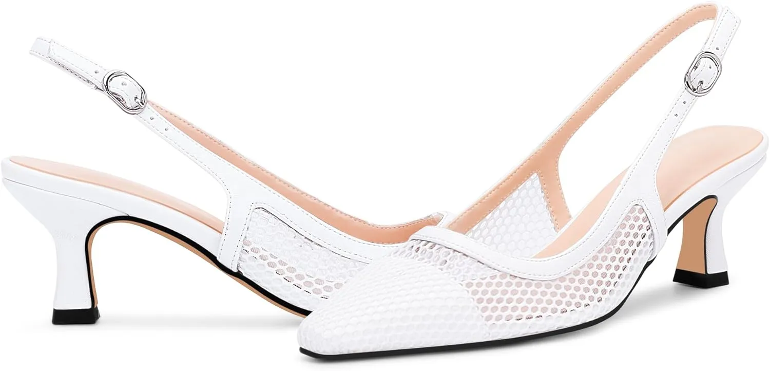 Women's Mesh Slingback Kitten Heel Pumps Closed Square Toe Slip-On Comfortable Dress Shoes