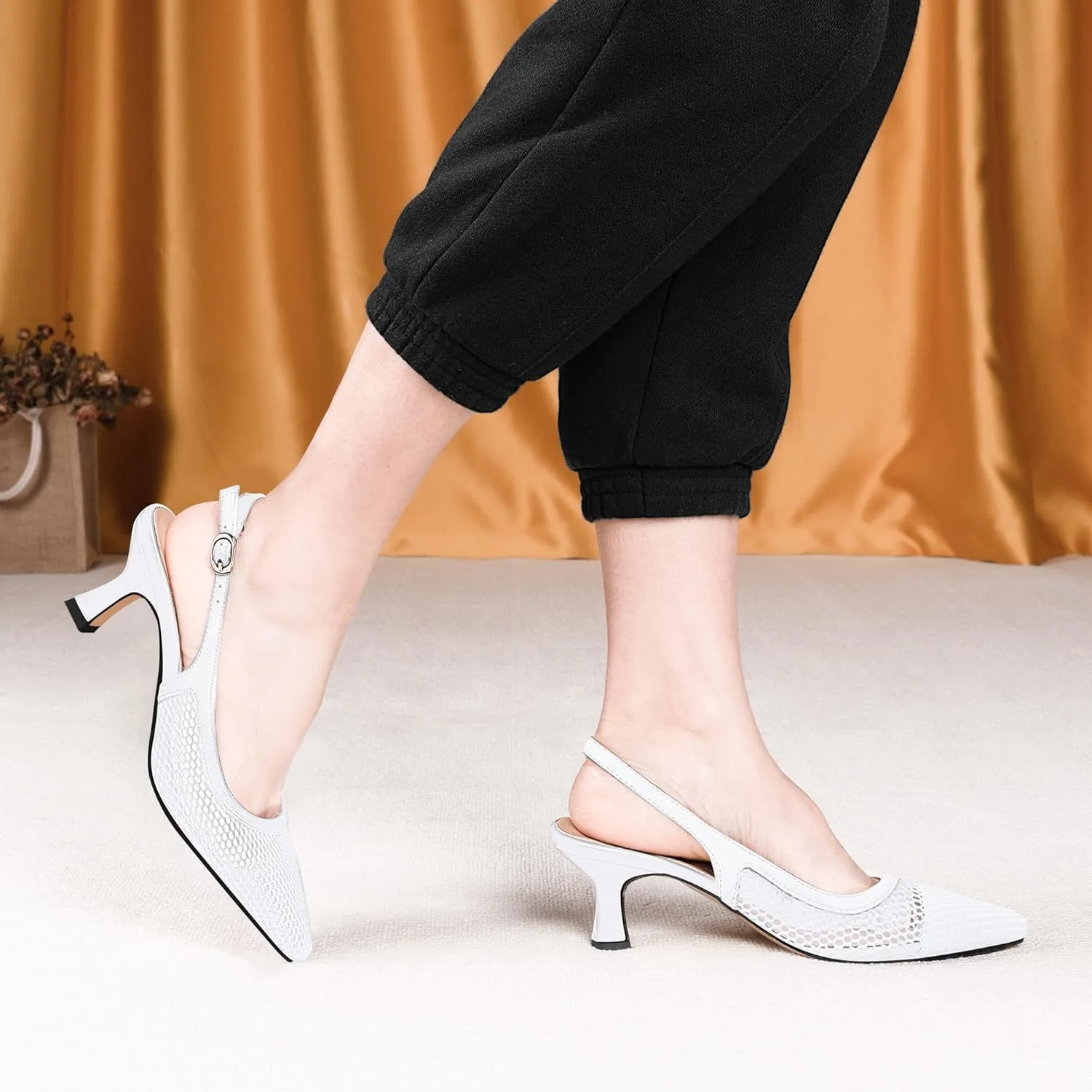 Women's Mesh Slingback Kitten Heel Pumps Closed Square Toe Slip-On Comfortable Dress Shoes