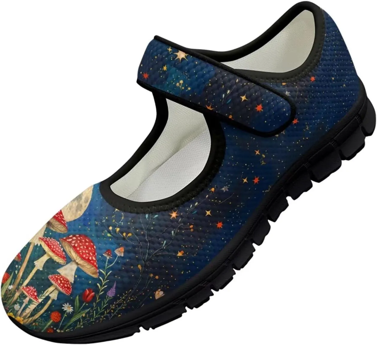 Womens Mushroom Print Mary Jane Flats Breathable Casual Shoes Lightweight Non Slip Fashion Walking Sneakers