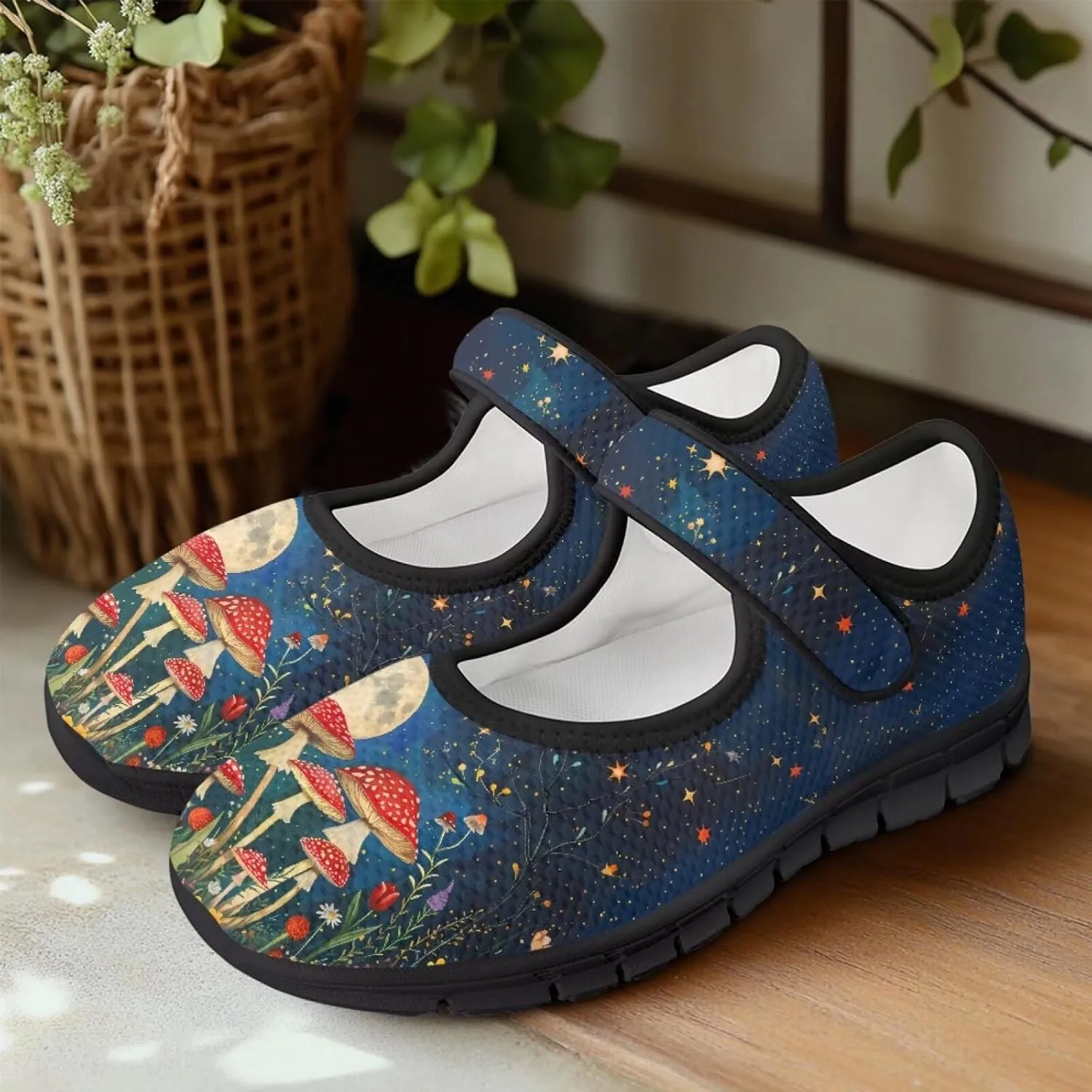 Womens Mushroom Print Mary Jane Flats Breathable Casual Shoes Lightweight Non Slip Fashion Walking Sneakers
