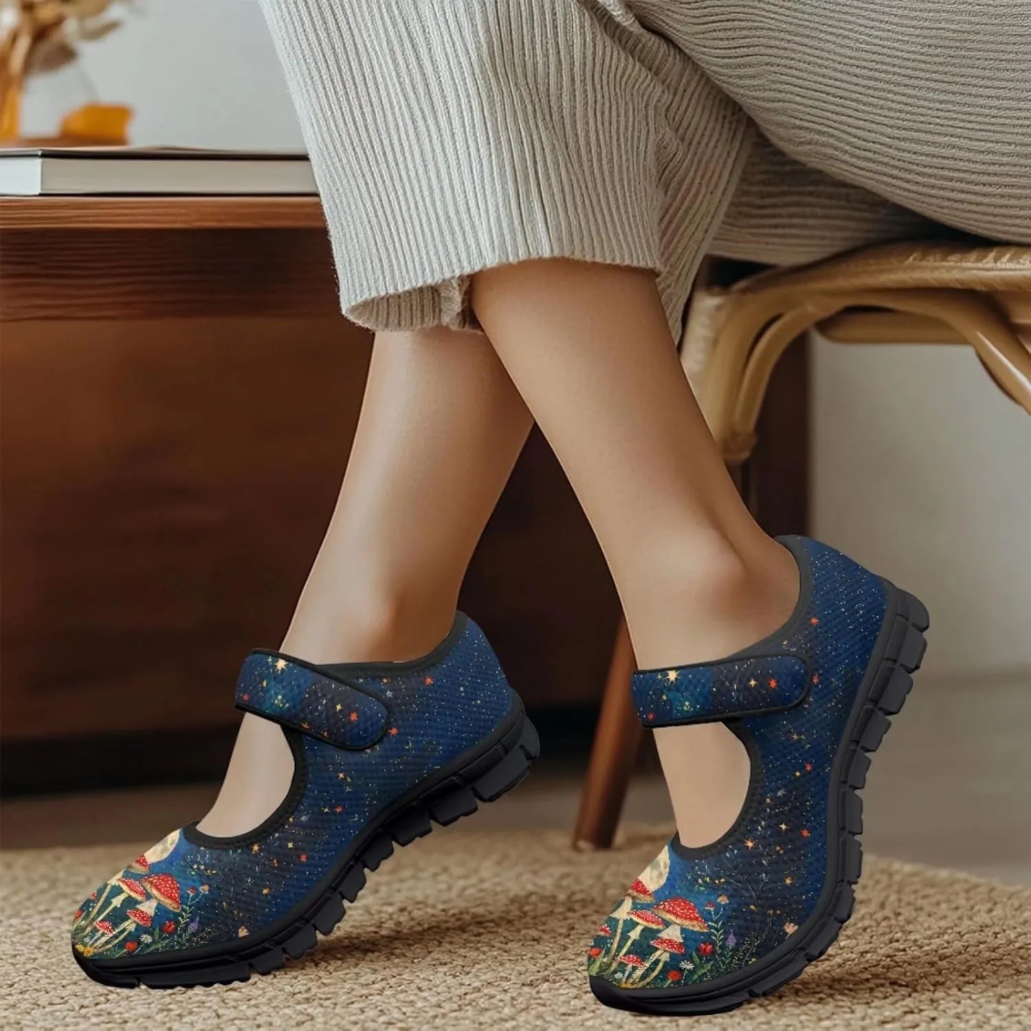 Womens Mushroom Print Mary Jane Flats Breathable Casual Shoes Lightweight Non Slip Fashion Walking Sneakers