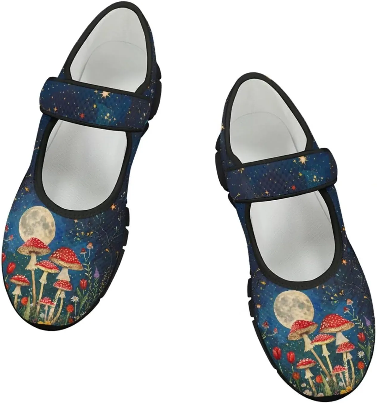Womens Mushroom Print Mary Jane Flats Breathable Casual Shoes Lightweight Non Slip Fashion Walking Sneakers