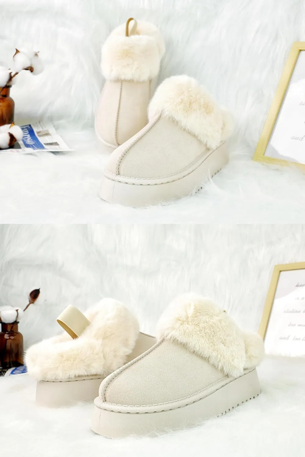 Women's Platform Slippers Winter Mini Boots Anti-Slip Suede Slip on Women Sneakers Fur Lined House Slippers for Indoor Outdoor