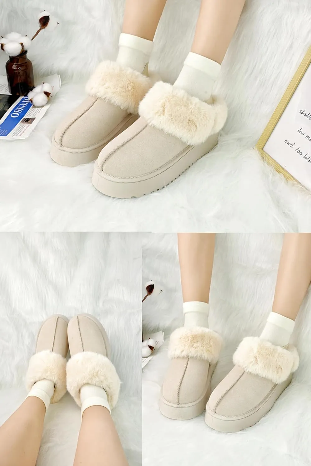 Women's Platform Slippers Winter Mini Boots Anti-Slip Suede Slip on Women Sneakers Fur Lined House Slippers for Indoor Outdoor