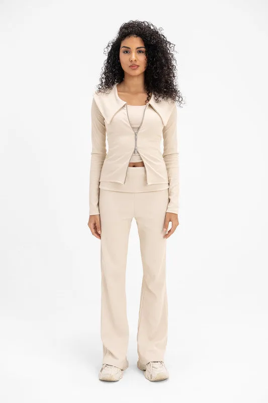 Women's Ribbed Knit Double Zipper - Latte