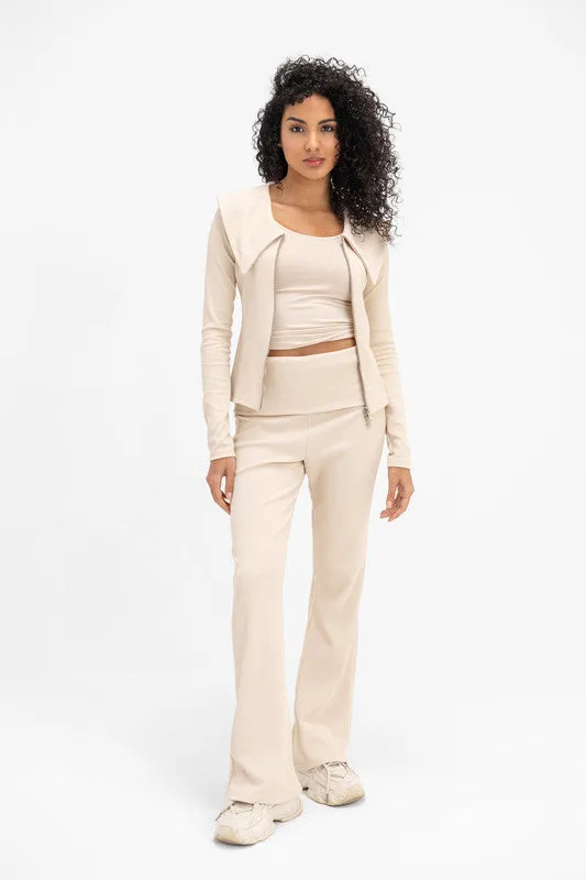 Women's Ribbed Knit Double Zipper - Latte