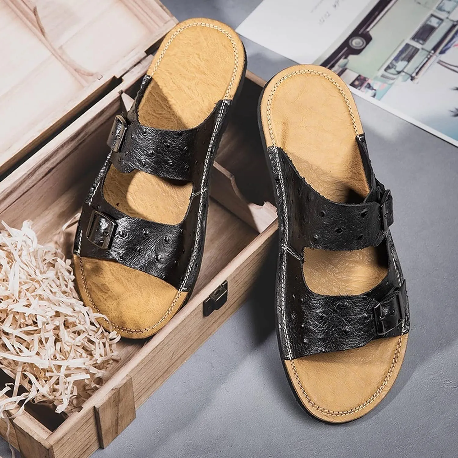 Womens Slippers Cow Leather Slippers Men Slides Summer Shoes Soft Plus Size Sandals