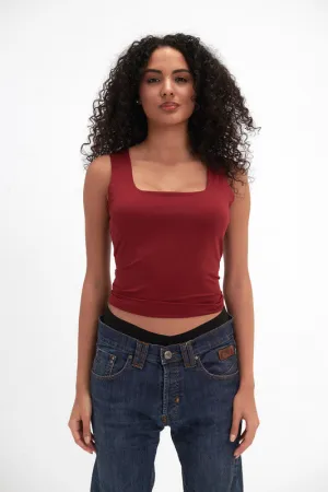 Women's Square Neck Double-Layer Tank Top - Burgundy
